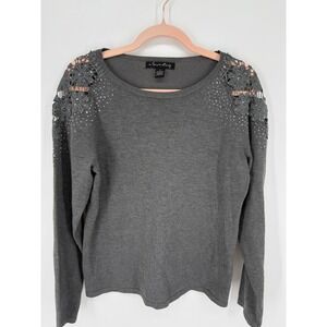 a...love story Sweater Women Large Grey Excellent Lace Shoulder Rhinestone Knit